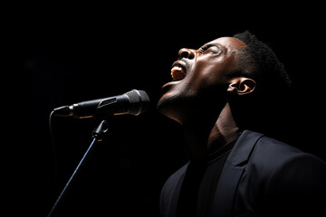 black male singer singing with microphone in front of dark background bokeh style background - Powered by Adobe