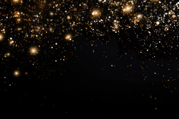 Fototapeta na wymiar Beautiful black Christmas background with shining, golden glitter and empty space. Particles, confetti. Copy space for your text. Merry Xmas, Happy New Year. Festive backdrop.