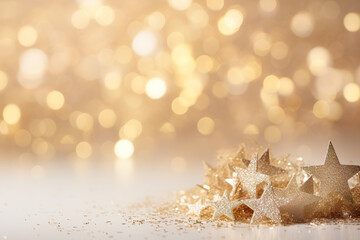 Obraz na płótnie Canvas Beautiful beige Christmas background with golden, shining decor and empty space. Glitter, stars, bokeh lights. Copy space for your text. Merry Xmas, Happy New Year. Festive backdrop.