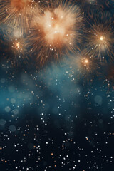 Fototapeta premium Dark blue New Year background with fireworks and empty space. Copy space for your text. Merry Xmas, Happy New Year. Festive vertical backdrop.