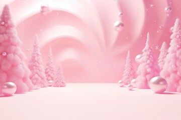 Pink winter landscape with fir trees and floating spheres, perfect for festive or fantasy themes. Christmas background with copy space. Merry Xmas, Happy New Year. Festive backdrop.