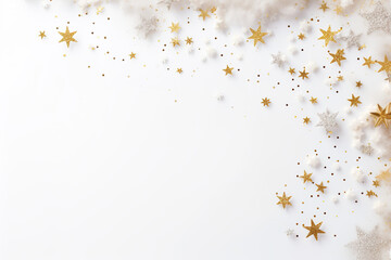 Beautiful Christmas background with white and golden, shining stars and empty space. Glitter, confetti. Copy space for your text. Merry Xmas, Happy New Year. Festive backdrop.