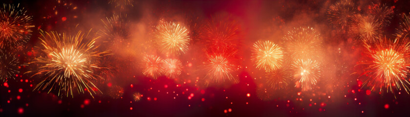 Dark red New Year background with fireworks. Festive backdrop, banner.