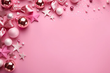 Beautiful pink Christmas background with shining decoration and empty space. Glitter, confetti. Copy space for your text. Merry Xmas, Happy New Year. Festive backdrop.