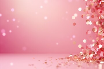 Beautiful pink Christmas background with shining glitter and empty space. Particles, confetti. Copy space for your text. Merry Xmas, Happy New Year. Festive backdrop.