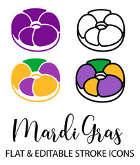 Mardi Gras king cake. Line icon with editable stroke and flat icon