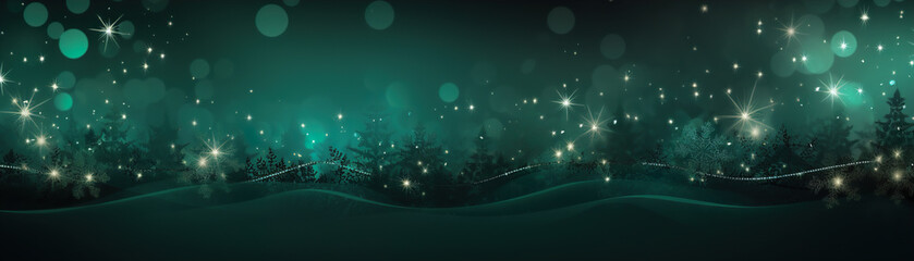 Dark green Christmas background with fir trees, snowflakes and empty space. Copy space for your text. Merry Xmas, Happy New Year. Festive backdrop, banner.