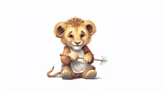 baby lion bedtime wearing pajama and holding tooth.Generative AI