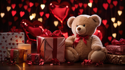 Romantic Valentine's Day Setting with Teddy Bear and Elegant Gifts - Cozy Love Celebration Theme, AI-Generated