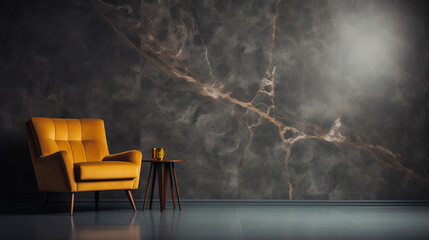 a dark marble wall. In front of it is a mustard yellow armchair