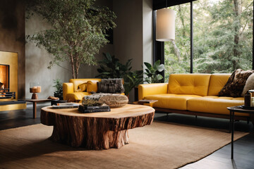 Tree trunk coffee table near yellow leather tufted sofa by fireplace. Minimalist home interior design of modern living room in villa in forest