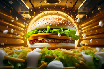 A juicy huge hamburger with meat, vegetables and ingredients flying to the sides lies on fries and salad with mayonnaise. - obrazy, fototapety, plakaty