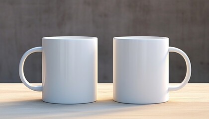 Fototapeta premium two standard white cup standing on a white table, white pure mugs without inscriptions
