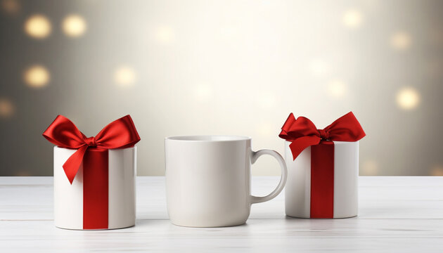 Fototapeta two standard white cups with a gift box, light background, white pure mugs without inscriptions