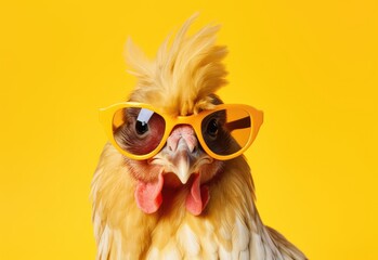 Rooster with glasses. Close-up portrait of a rooster. Anthopomorphic creature. A fictional character for advertising and marketing. Humorous character for graphic design.