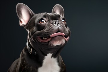 A black and white dog sticking its tongue out. Happy French bulldog. Happy French bulldog.