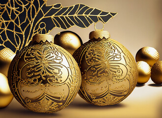 Linolschnitt goldene Weihnachtskugeln mit Muster, auf goldfarbenem Hintergrund f&uuml;r Design, Web... 