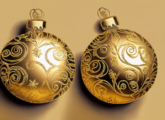 Linolschnitt goldene Weihnachtskugeln mit Muster, auf goldfarbenem Hintergrund f&uuml;r Design, Web... 