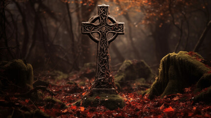 Celtic cross in forest in autumn