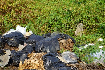 A pile of many plastic garbage on the ground backside is a grass, environmental pollution concepts.