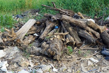 A lot of pile of wood left in the pile garbage area on the ground, environment concepts. 