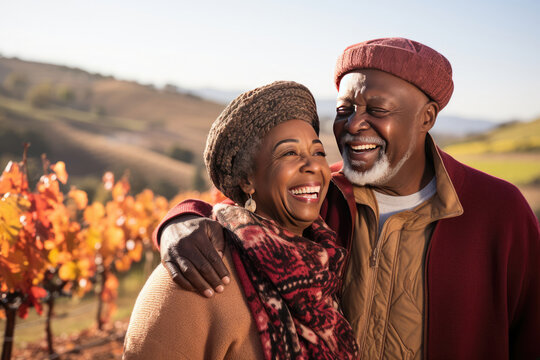 Senior African American couple enjoying a warm autumn day outdoors while embracing each other in a vineyard symbolizing love travel and retirement leisure