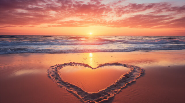  beach at sunset with a heart drawn in the sand and waves gently washing ashore on Valentine's Day