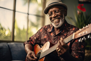Elderly African American man enjoying music playing guitar in a cozy indoor setting senior lifestyle entertainment and leisure concept - Powered by Adobe
