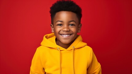 Cheerful Black Boy in yellow Hoodie on red Background.