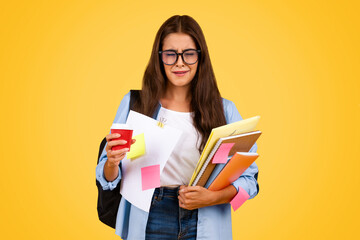 Tired unhappy european teen woman with books, cup of coffee takeaway suffer from fatigue