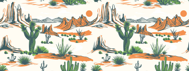 Summer desert pattern Ready for print, Completely hand drawn desert print, tropical pattern in desert vibes, Seamless pattern vector summer cactus on desert mix with beautiful blooming succulents  - obrazy, fototapety, plakaty