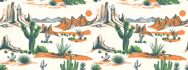 Rolgordijnen Summer desert pattern Ready for print, Completely hand drawn desert print, tropical pattern in desert vibes, Seamless pattern vector summer cactus on desert mix with beautiful blooming succulents  © sumonsharif