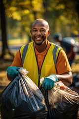 Smiling African-American sanitation worker holding garbage bags outdoors in autumn symbolizing dedication and positive community service