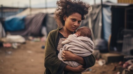 Young immigrant woman holds baby in her arms. baby on the street. Refugee camp, place of temporary refuge generative ai - obrazy, fototapety, plakaty