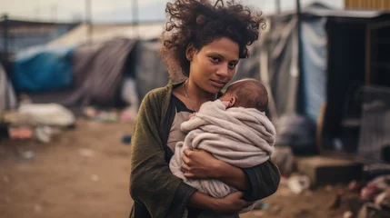Fotobehang Young immigrant woman holds baby in her arms. baby on the street. Refugee camp, place of temporary refuge generative ai © Hixel