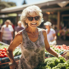 Cheerful senior woman shopping for fresh vegetables at a sunny farmer's market representing a healthy, active lifestyle and consumer habits of mature adults