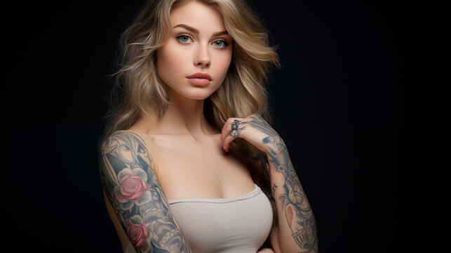 Beautiful blonde girl with tattoos with black background - Generative AI