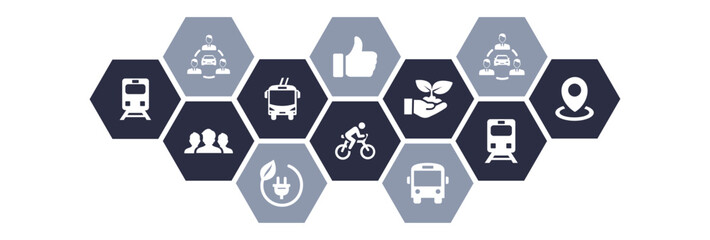 new mobility icon concept ,ecological public transport alternatives: bus, bike, car sharing, train , vector illustration.