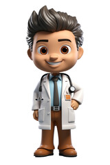 3D cartoon character of a doctor smiling. On a blank background