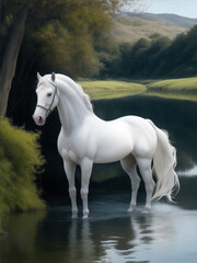 A beautiful white horse is standing by a river Generative AI