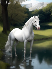 Obraz na płótnie Canvas A beautiful white horse is standing by a river Generative AI