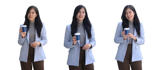 Business woman stands holding a coffee mug on PNG transparent background.