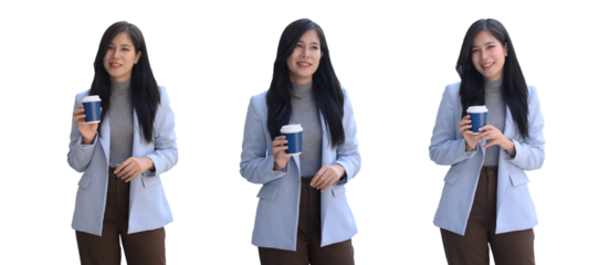 Business woman stands holding a coffee mug on PNG transparent background.