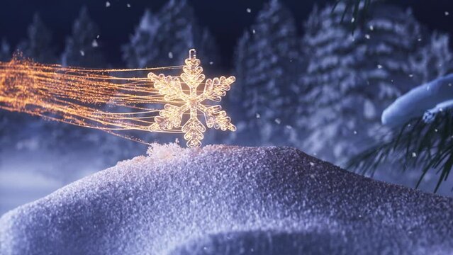 3D Animated Christmas Themed Sparkling Snowflake Whooshing Through Snow Covered Forest Touching Snow Revealing Top View.