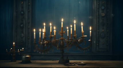 Brass candelabra with white candles on table in dark room with blue curtains and door. Elegant and spooky atmosphere with light and shadows - obrazy, fototapety, plakaty