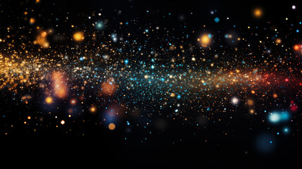 Multicolored shiny and sparkling lights and dust particles on black background. magical confetti effect for parties, celebrations and special offers