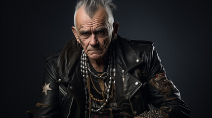 old rocker man with punk aesthetic, studded leather jacket, crest and metal chains on a black background. Rebellion and nonconformity in the elderly.