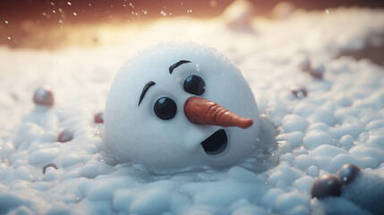 Round head of a snowman with a carrot nose, melting into a puddle of ice due to the warmth of the lights, climate change, and the arrival of spring