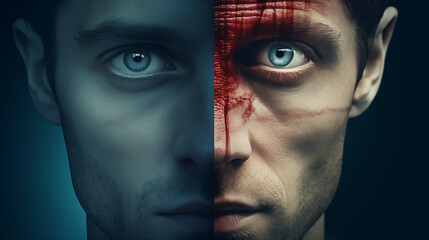 Dual faced psychopathic serial killer with blue eyes and split personality: one with a seemingly good attitude and the other evil with the aftermath of a victim's blood. Symbol for a true crime poster
