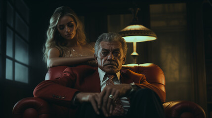 Image of an authoritative and traditional angry father with a jacket, tie, and mustache, sitting on an antique sofa in a dark living room, with a beautiful young blonde daughter in the background 
